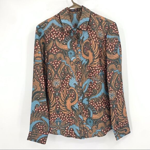 J. McLaughlin Button Front Silk Blend Fantasy Print L/S Blouse XS - Picture 1 of 9
